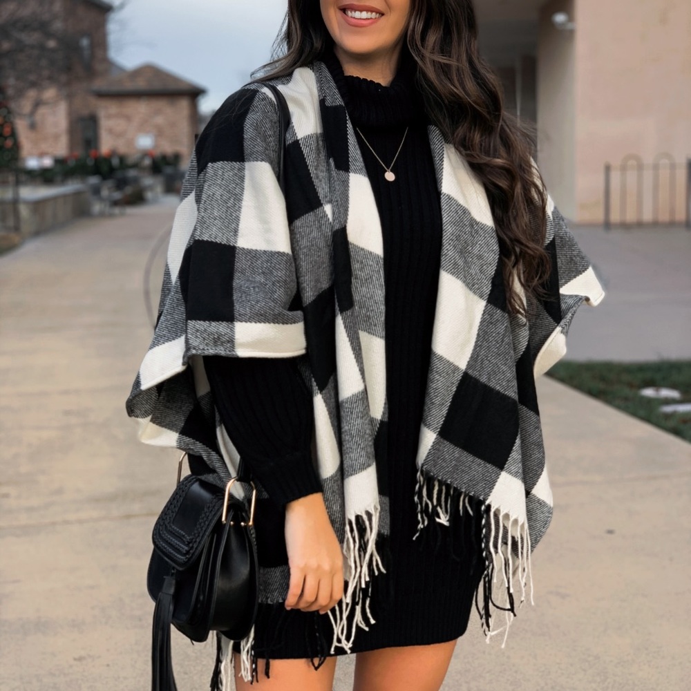 RESTOCKED!! Black and White Plaid Poncho